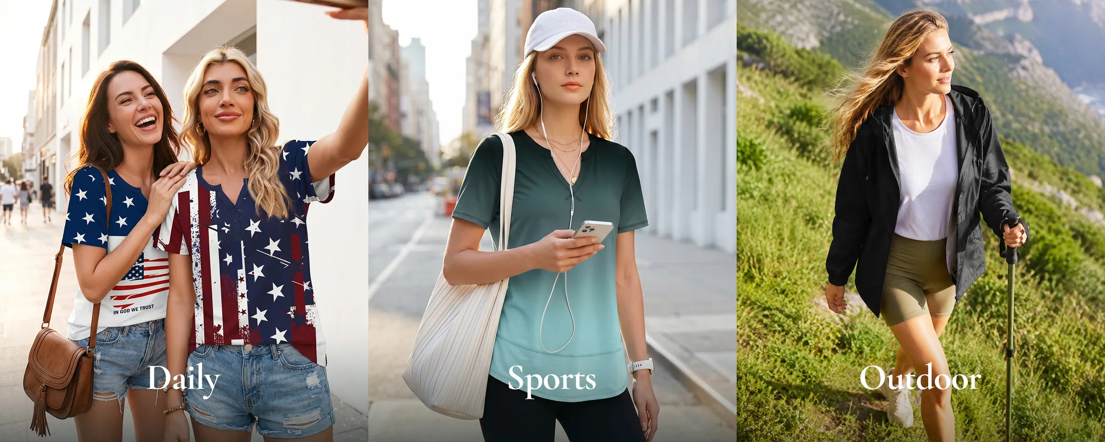 Three frames from the TCOT range: daily, sports and outdoor