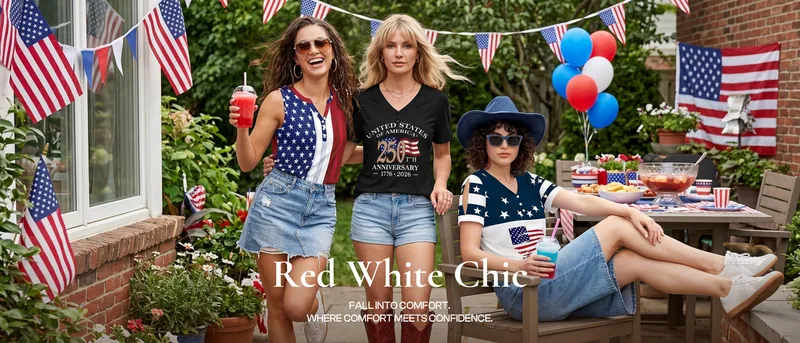 Three women in flag prints at a summer table hung with bunting