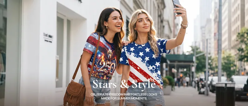 Two women in flag-print tops on a city street