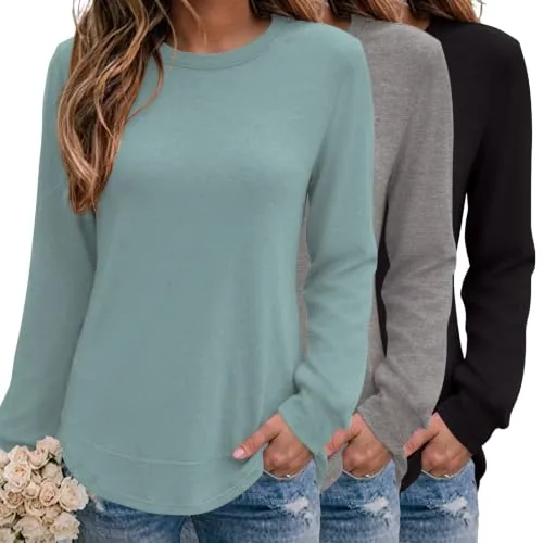 Women's 3 Pack Casual Long Sleeve Crew Neck Tops Pullover Shirts