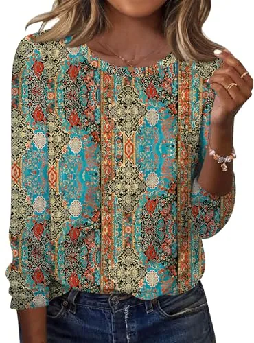 Casual Crew Neck Long Sleeve Tunic Tops for Women Paisley Shirts
