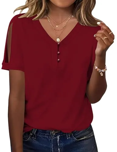 Casual Button V Neck Blouses for Women Short Sleeve Tops Shirts