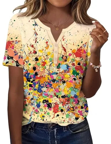 Casual Button V Neck Short Sleeve Tunic Tops for Women Shirts