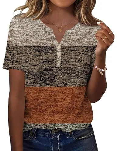 Short Sleeve Shirts for Women Button V Neck Tunic Tops Casual Blouse
