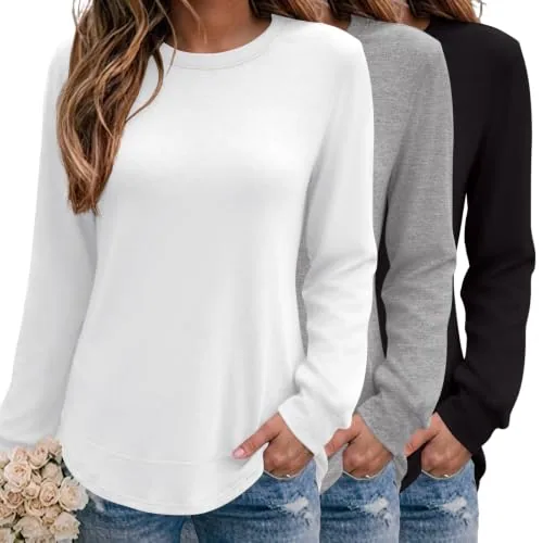 Womens 3 Pack Long Sleeve Crew Neck Tee Tops Casual Pullover Shirts