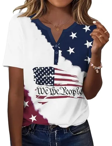 Women's Fashion American Flag Shirts V Neck Short Sleeve Tops Blouse