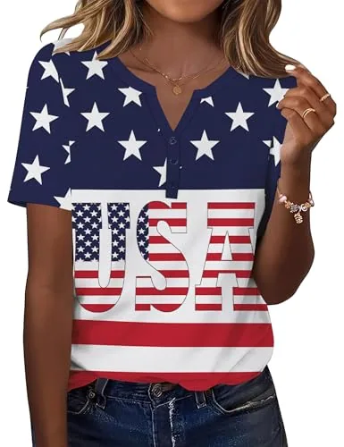 Womens Tops Short Sleeve Casual USA Patriotic Blouses Summer Shirts