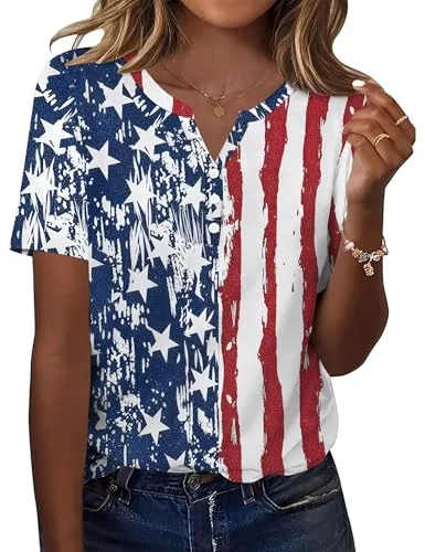 Plus Size Tops Summer Patriotic Shirts Short Sleeve V Neck Blouses