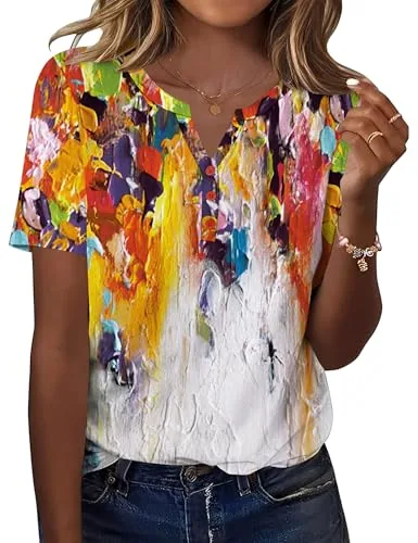 Women's Fashion Tops Button V Neck Short Sleeve Tops Summer Blouses