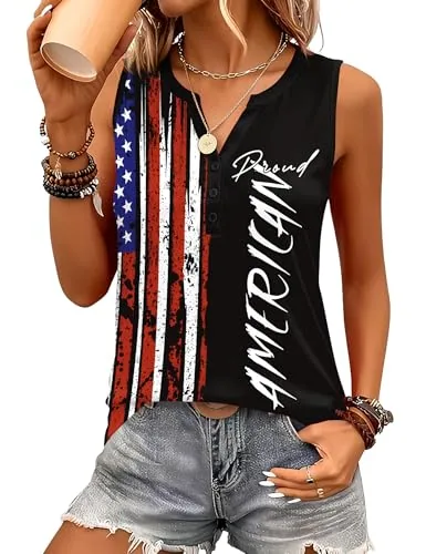 American Flag V Neck Tank Tops Casual Sleeveless Blouses T Shirts