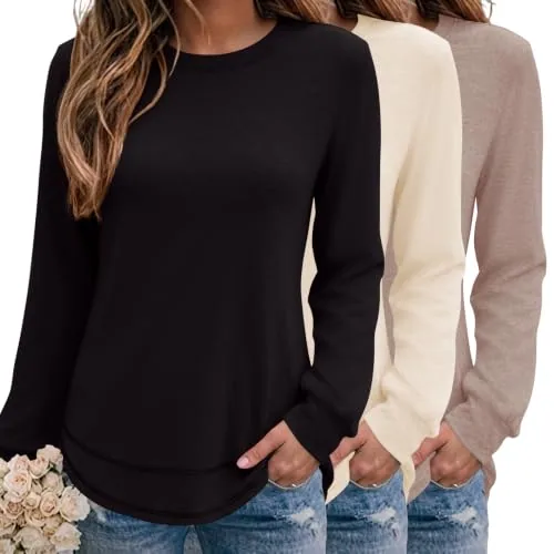 Women 3 Pack Casual Crew Neck Long Sleeve Tops Lightweight Sweatshirts