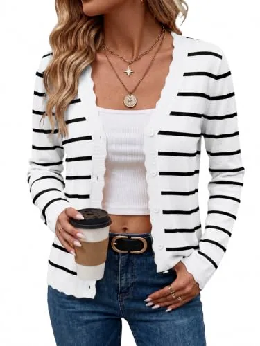 Women's Long Sleeve Cardigan Lightweight Knit Cardigans Pinstripe
