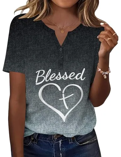 Women's Short Sleeve Button V Neck Tunic Tops Blouse Pullover Shirts