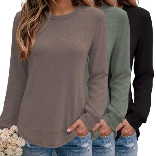 Women's 3 Pack Casual Loose Sweatshirts Crew Neck Long Sleeve Shirts