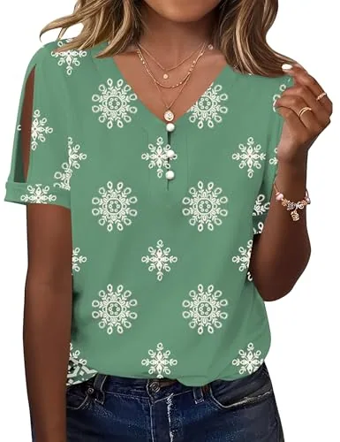 Cold Shoulder Short Sleeve Tops for Women V Neck Shirts Blouses