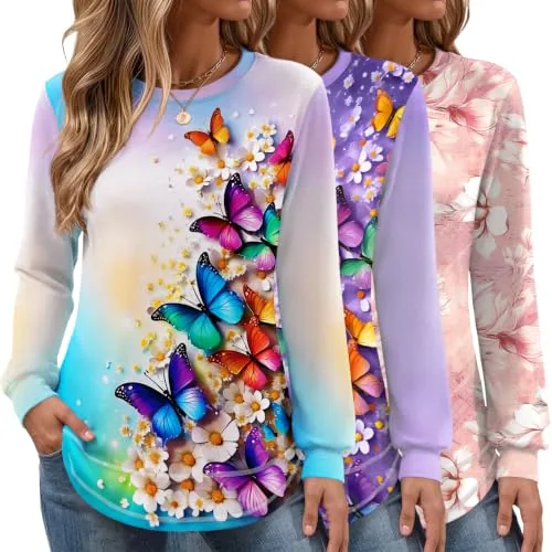Womens Shirts Fall Long Sleeve 3 Pack Casual Floral Sweatshirts 2026
