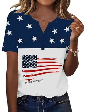 V Neck Tops for Women USA Flag Short Sleeve Casual Blouses Shirts