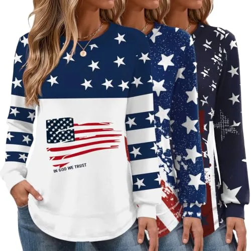 Women's 3 Pack Long Sleeve American Flag Tops Patriotic Pullover Shirt