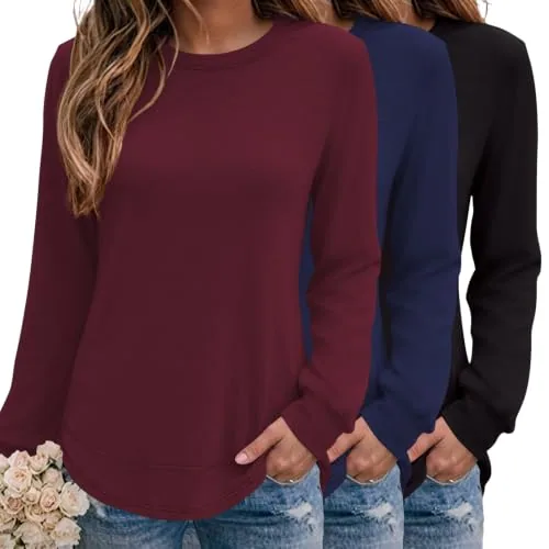 3 Pack Long Sleeve Tops for Women Casual Loose Crew Neck Pullovers