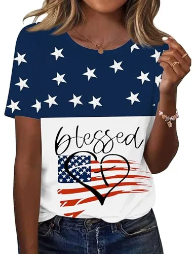 Women's Tops Plus Size Short Sleeve Shirt Casual Patriotic Blouses