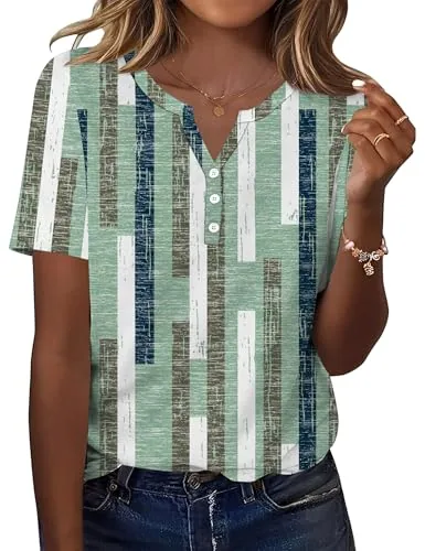 Ladies Blouses and Tops Plus Size Button V Neck Short Sleeve Shirt