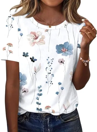 Womens T Shirts Casual Summer Short Sleeve Crew Neck Tunic Tops