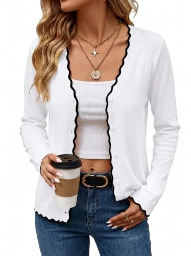 V-Neck Button Down Cardigan Sweaters Lightweight Cardigans White