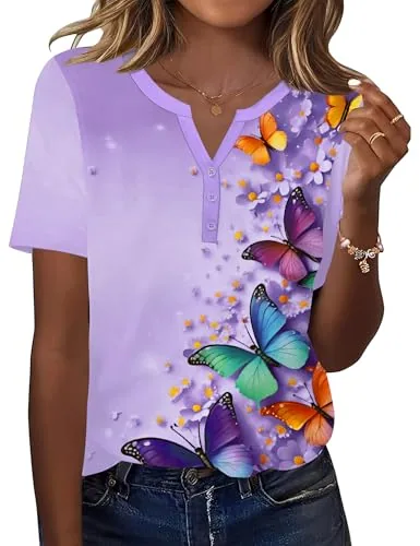 V Neck Shirts for Women Casual Short Sleeve Trendy Tops Blouses