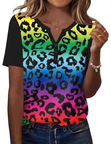 Women Tops and Blouses Short Sleeve Button V Neck Casual Tee Shirts