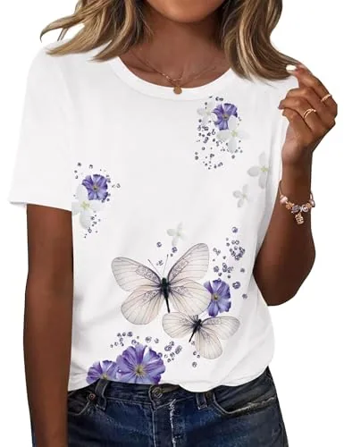 Womens T Shirts Casual Summer Short Sleeve Crew Neck Tunic Tops