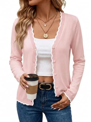 Womens Long Sleeve V Neck Button Down Knit Cardigan Sweaters Pink