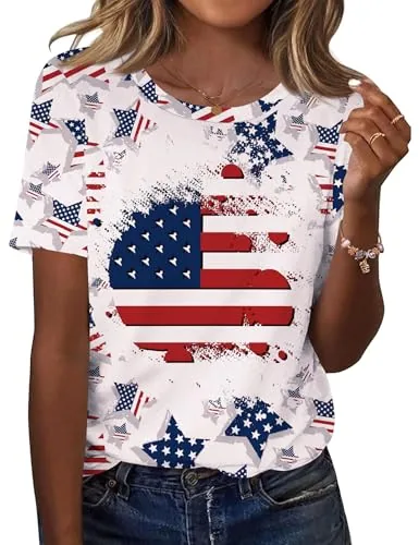 Women's American Flag Shirts and Blouses Crew Neck Short Sleeve Tops