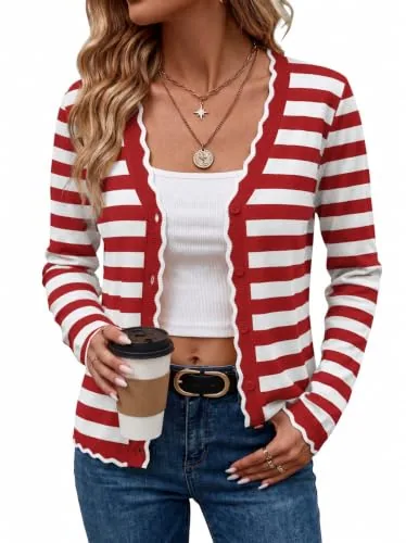 Women's Button Down Cardigans Casual Cardigan Sweaters Red Stripe