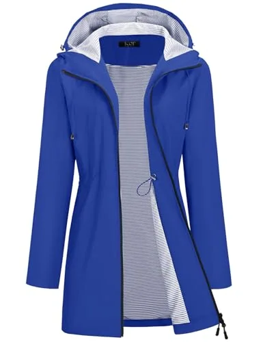 Rain Jacket for Women Waterproof Long Hooded Raincoats Royal Blue