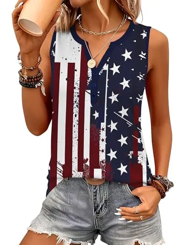 American Flag V Neck Tank Tops for Women Sleeveless Blouse T Shirts