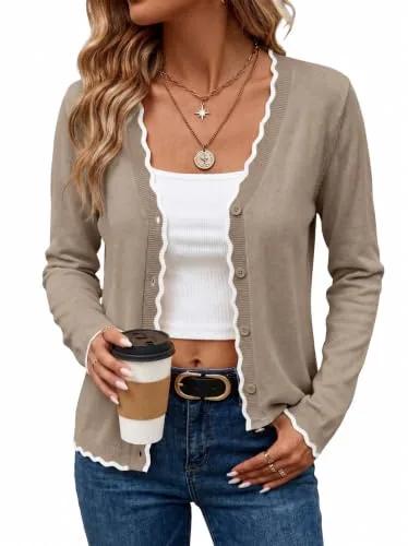 Lightweight Cardigan for Women V Neck Button Down Cardigans Khaki