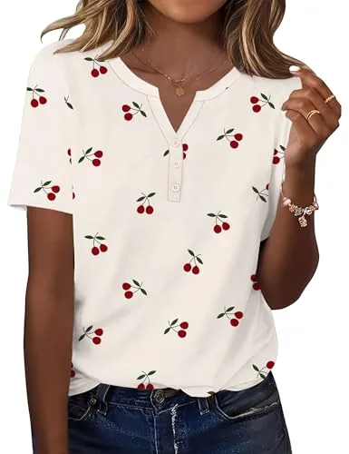 Plus Size Tops for Women Short Sleeve Button V Neck Loose Blouses