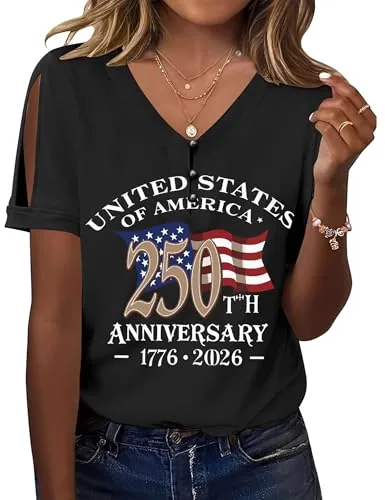 Ladies Patriotic Cold Shoulder V Neck Short Sleeve Blouses and Top