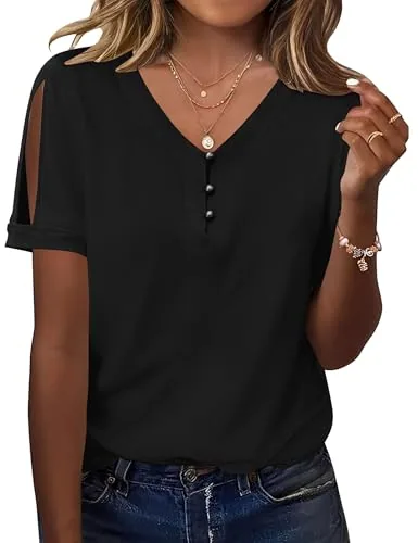 Casual Button V Neck Blouses Short Sleeve Tops for Women Shirts