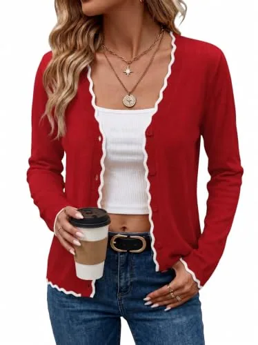 Fall Cardigan Sweater V Neck Button Down Lightweight Cardigans Red