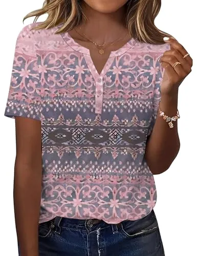 Ladies Shirts and Blouses Button V Neck Short Sleeve Summer Tops