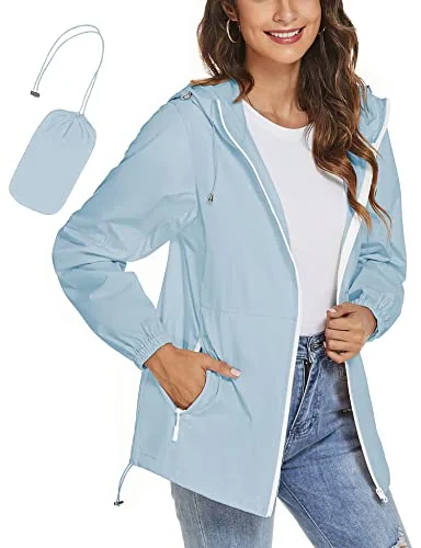 Laides Rain Coats with Hood Waterproof Lightweight Packable Rain Jackets
