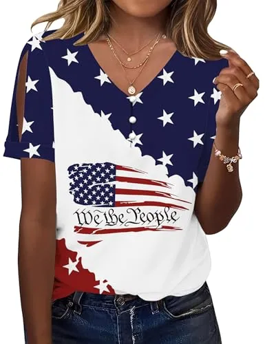 Tops for Women USA Flag Short Sleeve Cold Shoulder Blouses Shirts