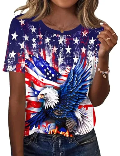 USA Flag Tops for Women Short Sleeve Crew Neck Casual Blouses Shirts