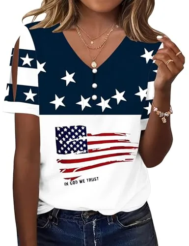 V Neck Tops for Women American Flag Short Sleeve Blouses Shirts