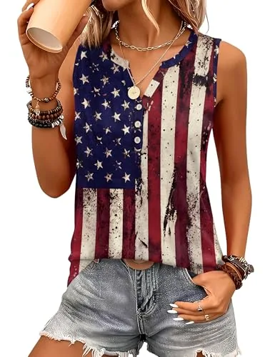 Women's Plus Size Sleeveless Tunic Tops American Flag Tee Shirts