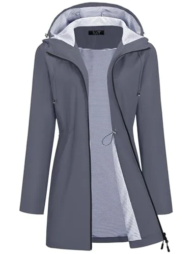 Womens Long Rain Coats Lined Waterproof Jacket with Hood Dark Grey