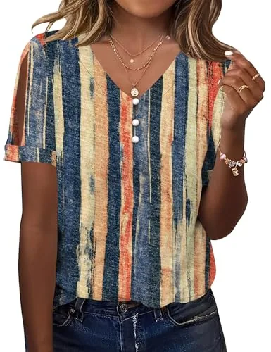 Women's Tops Button V Neck Split Short Sleeve Stripe Shirt Blouses