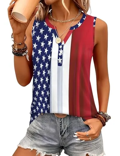 Women USA Flag Tank Tops and Blouses Sleeveless Button V Neck Shirts