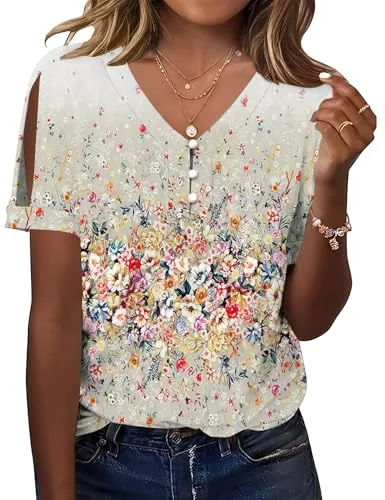 Women Plus Size Tops Loose Fit Short Sleeve Button V Neck Shirts